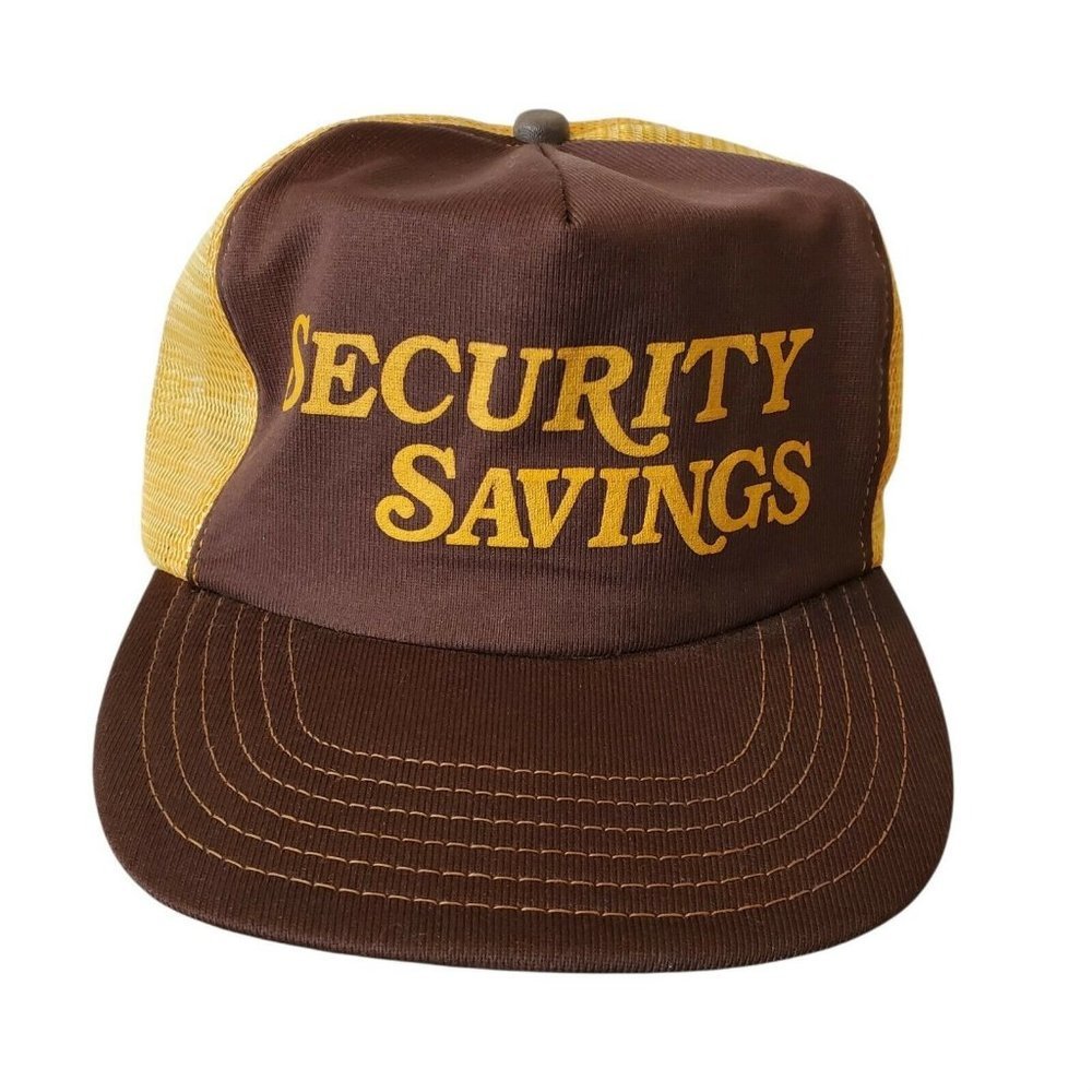 Vintage Security‎ Saving Bank Hat Monmouth IL Mesh Yellow Brown Made In USA